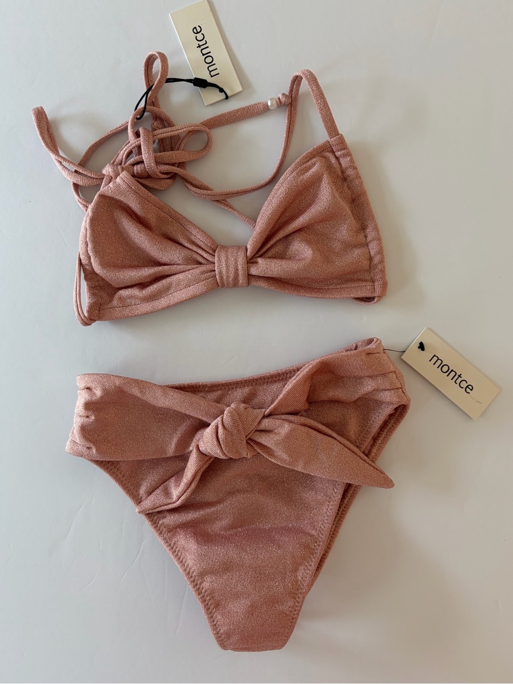 Montce Prima Pink Sparkle Devin Bikini Set Womens Top Size M Bottom Size S NWT
